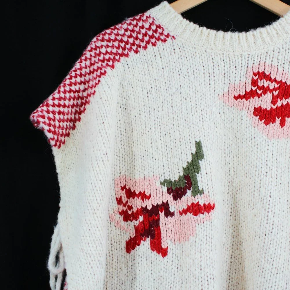 Twinset Simona Barbieri Poncho Floral Intarsia Knit Tie Sides Fringe Pullover - Picture 4 of 12